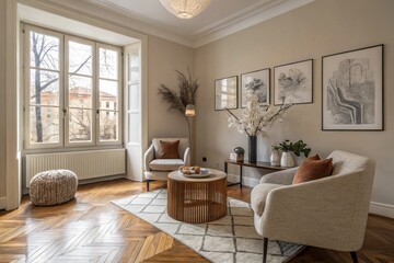 modern minimalist living room with wooden floor, neutral colors, and natural light