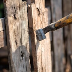 Close-up of a damaged wooden fence being repaired, highlighting worn planks and repair tools