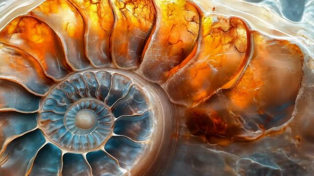 Close up view of an ammonite stone displaying pearl colors and swirling patterns, emphasizing the unique fossilization process of this ancient marine creature.