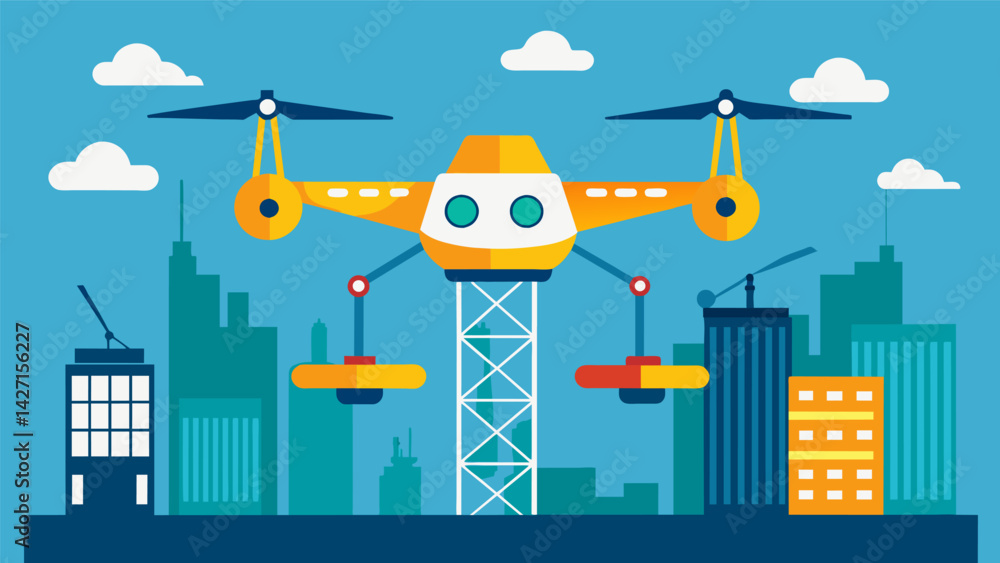 Poster the drone capturing images of the construction site during all phases of the project providing a com