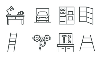 Home workshop outline icon set – simple design tools and diy elements for garage and workspace: workbench, car lift, tool rack, storage cabinet, ladder, pulley, shelving