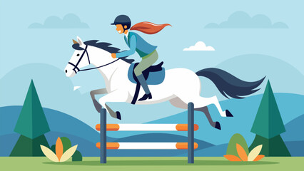 At a local equestrian competition a skilled rider and her dappled gray horse effortlessly navigate through a series of tricky jumps earning cheers. Vector illustration
