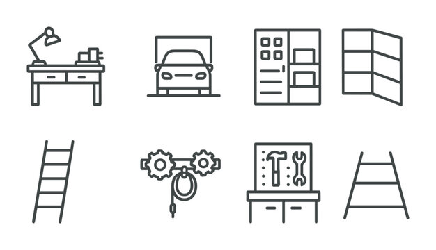 Home workshop outline icon set – simple design tools and diy elements for garage and workspace: workbench, car lift, tool rack, storage cabinet, ladder, pulley, shelving