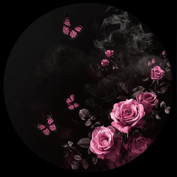 A mesmerizing visual of pink roses surrounded by delicate butterflies against a dark smoky background, evoking emotions of beauty and transience in nature, perfect for artistic projects.