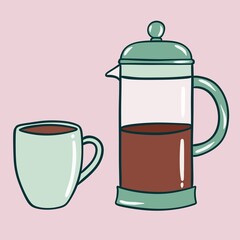 french press coffee maker and coffee cup with pink background