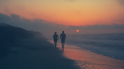 Silhouettes of two runners on a beach at sunrise.