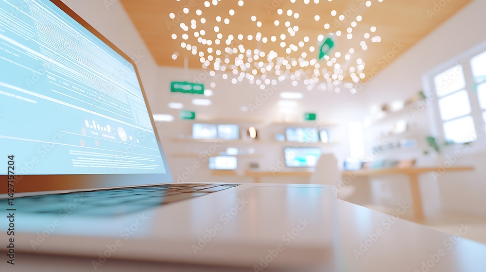 Aufkleber modern minimalist workspace with laptop displaying code soft lighting blurred background clean desig