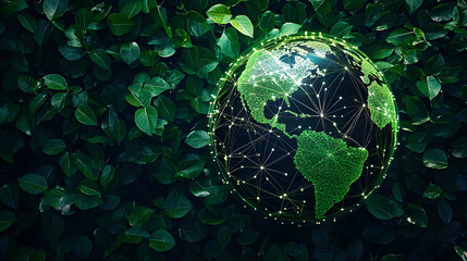 Digital Planet Earth Amidst Green Leaves