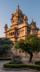 Ancient palace facade, serene gardens