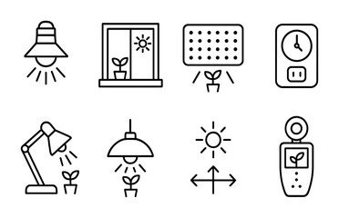 Fototapeta premium Home gardening icon set – outline style for indoor plant care symbols: grow light, window garden, seed tray, timer, sunlight lamp, pendant light, sunlight sensor
