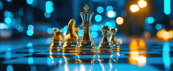 Shiny gold chess pieces displayed on a checkered board