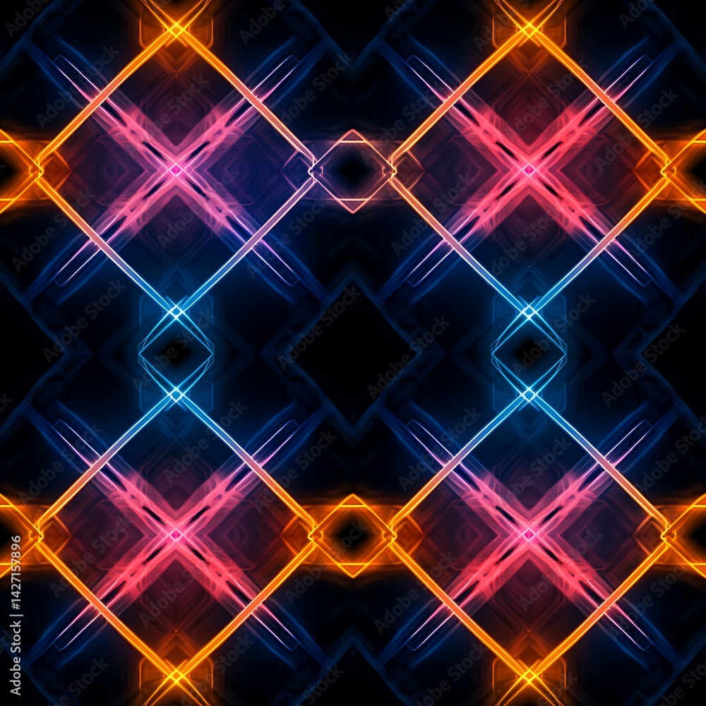 Poster abstract neon grid pattern vibrant intersecting lines glowing geometric shapes symmetrical design co