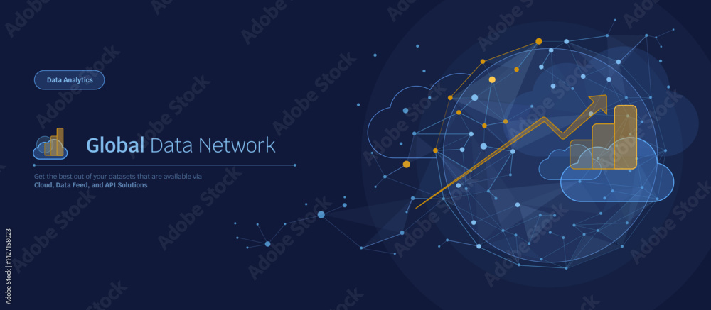 Wall mural abstract quantum big global cloud data network connection dark blue banner or header, wireframe conn