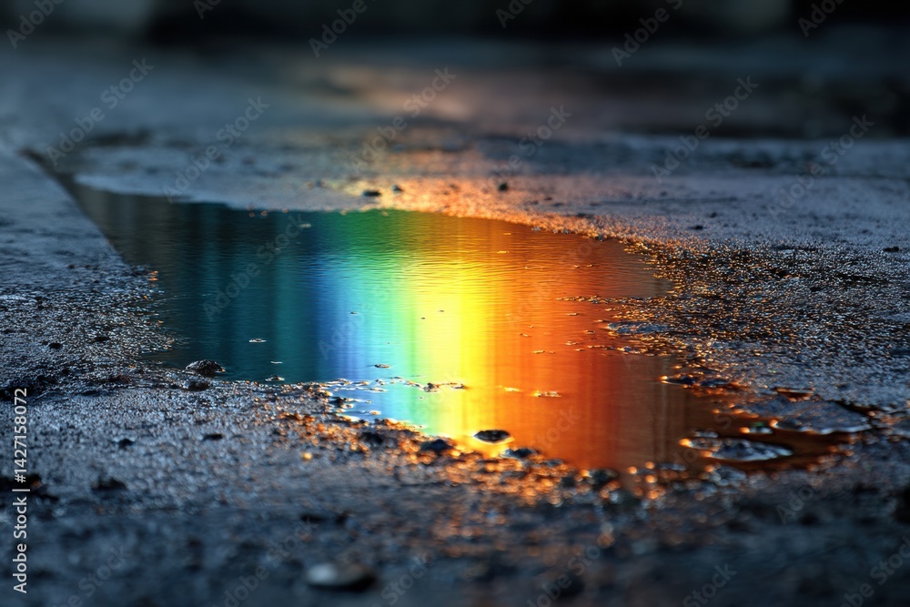 Leinwandbilder vibrant rainbow refraction creating colorful patterns in oil puddle on wet asphalt