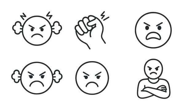 Emotions and expressions icon set – outline style mood and reaction symbols for communication and design: angry face, clenched fist, crossed arms, fuming expression, exasperated emoji