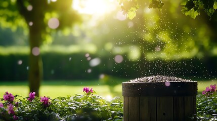 Sunlit Garden Scene Wooden Barrel Pink Flowers Water Droplets Lush Greenery Soft Sunlight Bokeh Effect Tranquil Nature