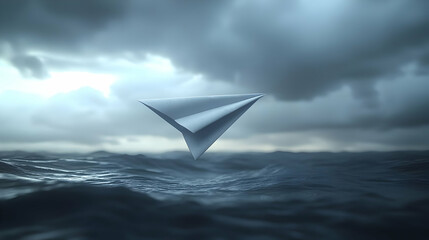 Obraz premium Grey Paper Airplane Flying Over Stormy Sea
