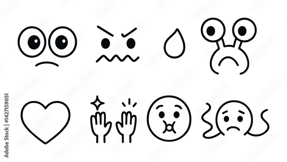 Poster emotion and expression icon set – outline style communication and reaction symbols for messages and 