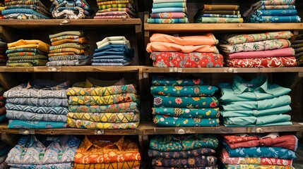 A clothing store has a display with many colorful folded men's shirts.
