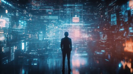 A Man Stands In Front Of A Digital Data Interface