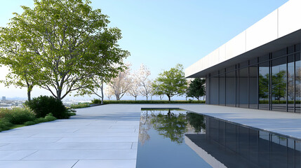 Modern House Exterior With Pool And Lush Trees