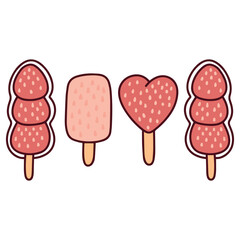 Set of popsicles and strawberry-flavored frozen desserts on sticks. Bright summer sweets with pink and red colors