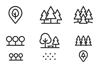 Forest and nature icon set – outline style environmental and botanical symbols for ecology, conservation, wildlife: tree, forest, park, woodland, nature trail, greenery