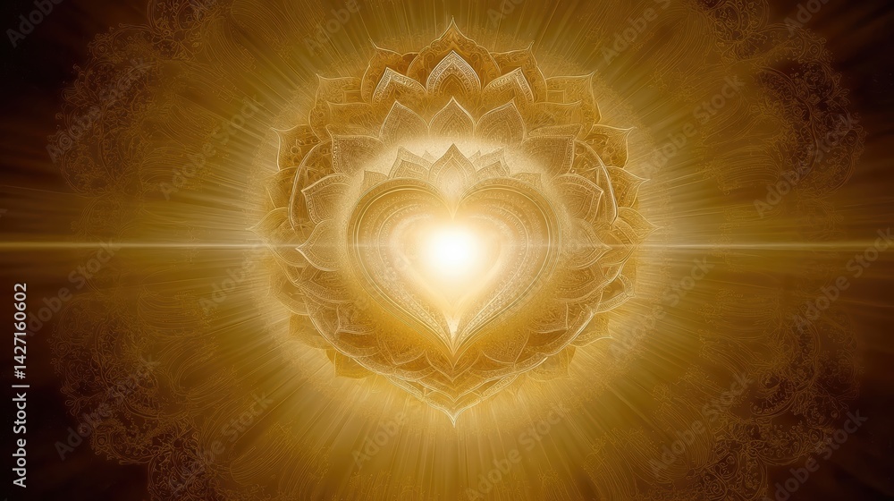 Poster golden light radiates from heart center surrounded by mandalas and celestial patterns