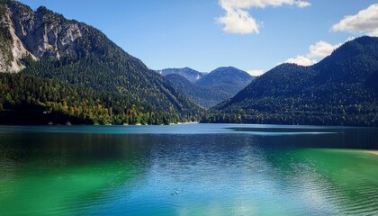 T&uuml;rkisgr&uuml;nes Wasser des Walchensees umgeben von bewaldeten Bergen, mit Blick auf die Insel Sassau