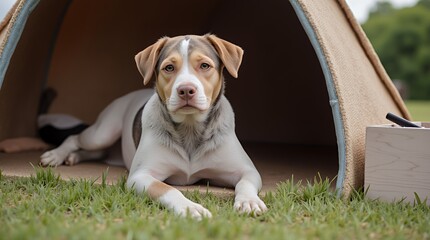 Calm dog in his doghouse