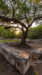 Fototapeta premium Ancient stone structure, sunlit tree