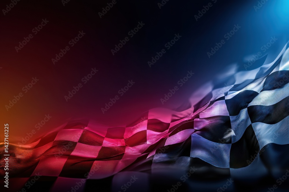 Poster glowing checkered flag waves in vibrant gradient colors creating a lively atmosphere for racing exci