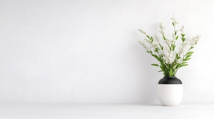 Minimalist white flowers in a vase against a white wall