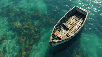 Obraz premium Serenitys Drift Lonely Boat in Turquoise Waters.