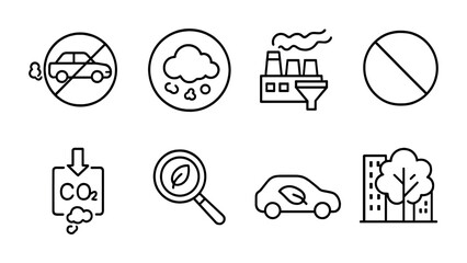 Environmental awareness icon set – outline style eco symbols for pollution control, air quality, and sustainable living: car emissions, smog, factory, no entry, co2 reduction, leaf search, green
