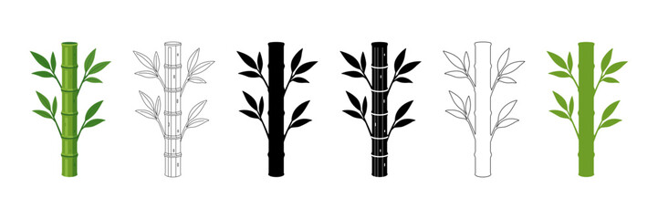 A collection of bamboo stem icons in different styles, showcasing green, black, and white variations with added leaves, against a clean white background