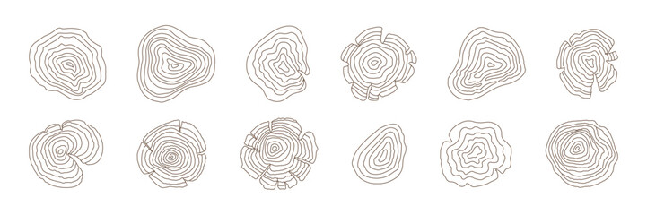 A collection of 12 thin-line tree ring illustrations in a minimalist style, showcasing organic wood grain patterns on a white background. Editable stroke
