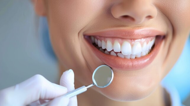 A woman is smiling happily after getting her teeth whitened. The dentist used a mirror to show her the results. Dental care for maintaining good oral hygiene, and a healthy smile.