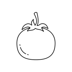 A simple black line drawing of a tomato, highlighting its rounded shape and leafy top