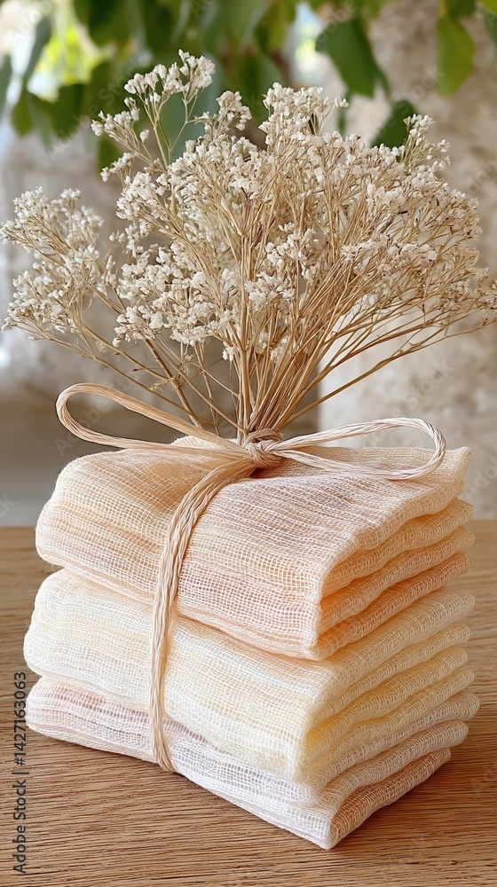 Aufkleber soft linen set arranged with dried flowers on a rustic wooden table in bright natural light