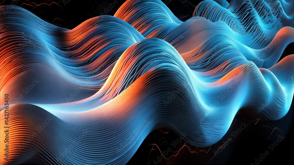 Poster abstract waves of blue and orange light flow dynamically against a dark background, creating depth