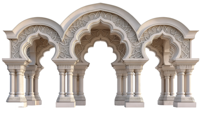 Islamic Triple Archway Ornate Stone Design, Detailed 3D Architecture Model.