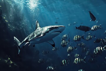 Fototapeta premium Majestic shark swimming gracefully among a school of vibrant fish in a sunlit ocean