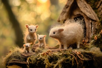 Golden Hour Family Felt Mice in Enchanted Forest.