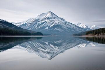 Naklejka premium Snow capped peak reflects perfectly in a calm alpine lake showcasing serene natural beauty