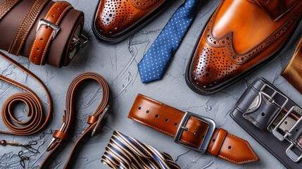 Classic men's accessories like ties, belts, shoes, and bags on a stone background, perfect for your next outfit.