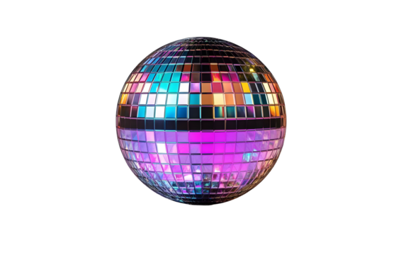 Colorful disco ball rotating and reflecting light on transparent background