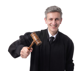 Smiling judge in court dress with mallet on white background