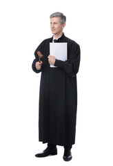 Smiling judge with mallet and documents on white background