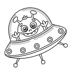 Cartoon alien in flying saucer. Cute space extraterrestrial. Isolated outline vector black and white illustration. Contour clipart on a cosmos theme.